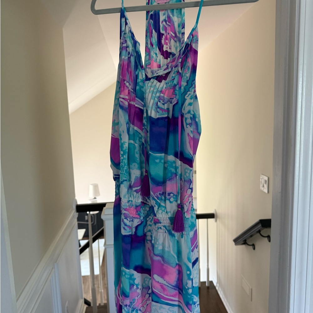 Lilly Pulitzer Blue and Pink One Piece Dress with Halter Neckline